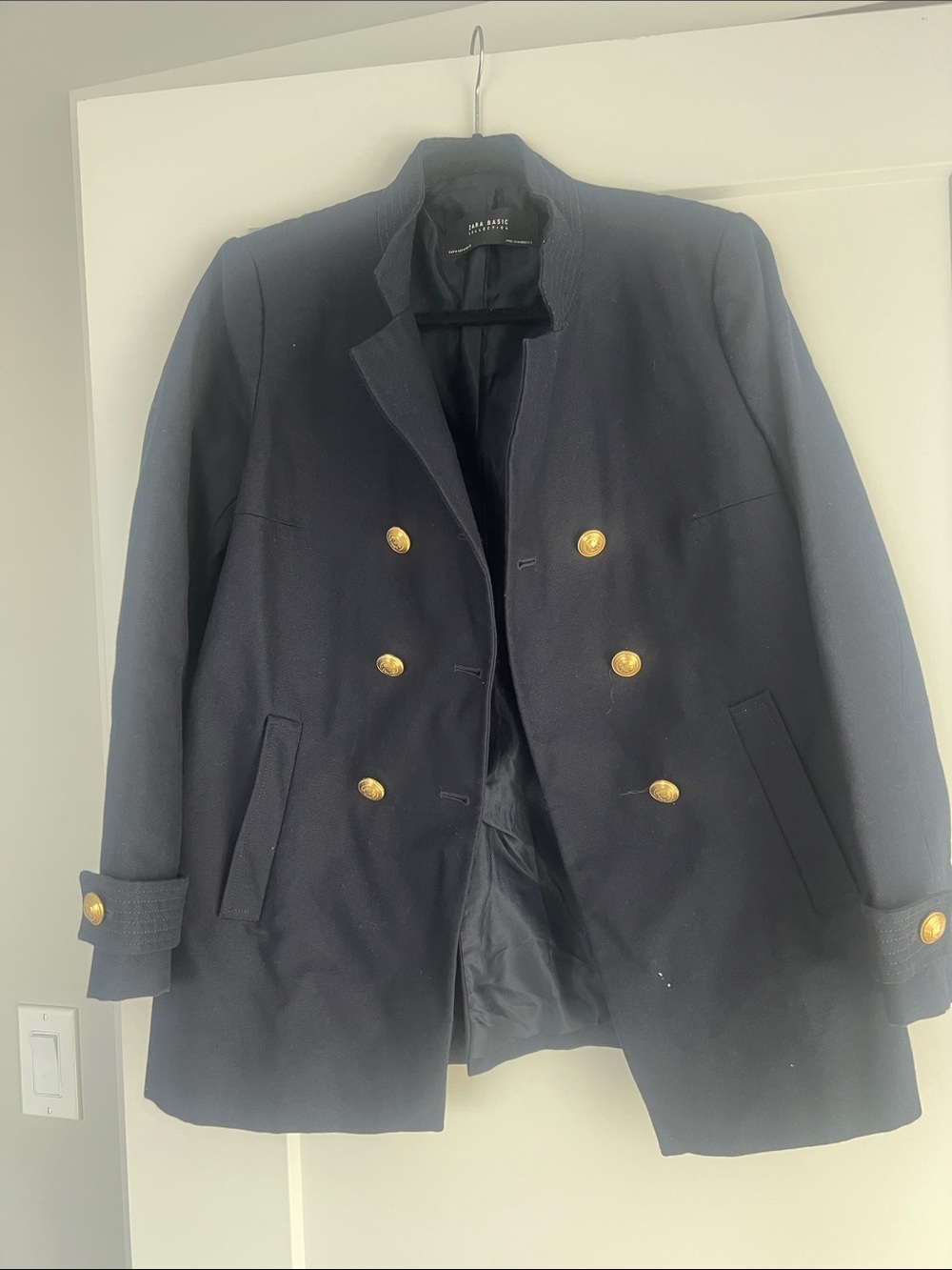 Zara Navy Double-Breasted Cotton Blend Coat with Gold Buttons